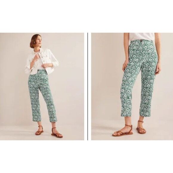 Boden Womens Linen Trousers Pants UK 14 US 10 Green White Floral R0359 NWT - Picture 2 of 8